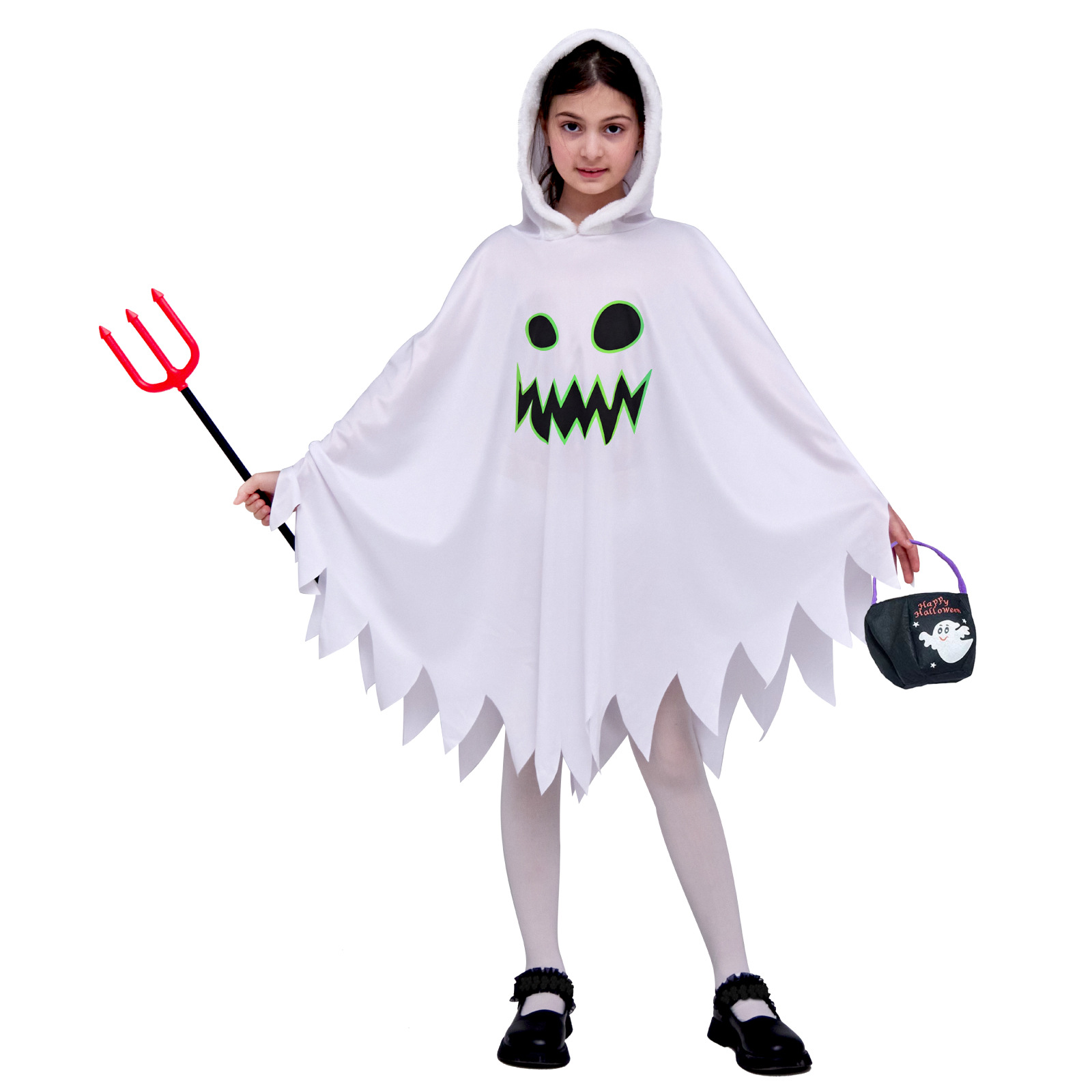 Kids Ghost White Cloak Halloween Costume with Handbang Cosplay Theme Dressing